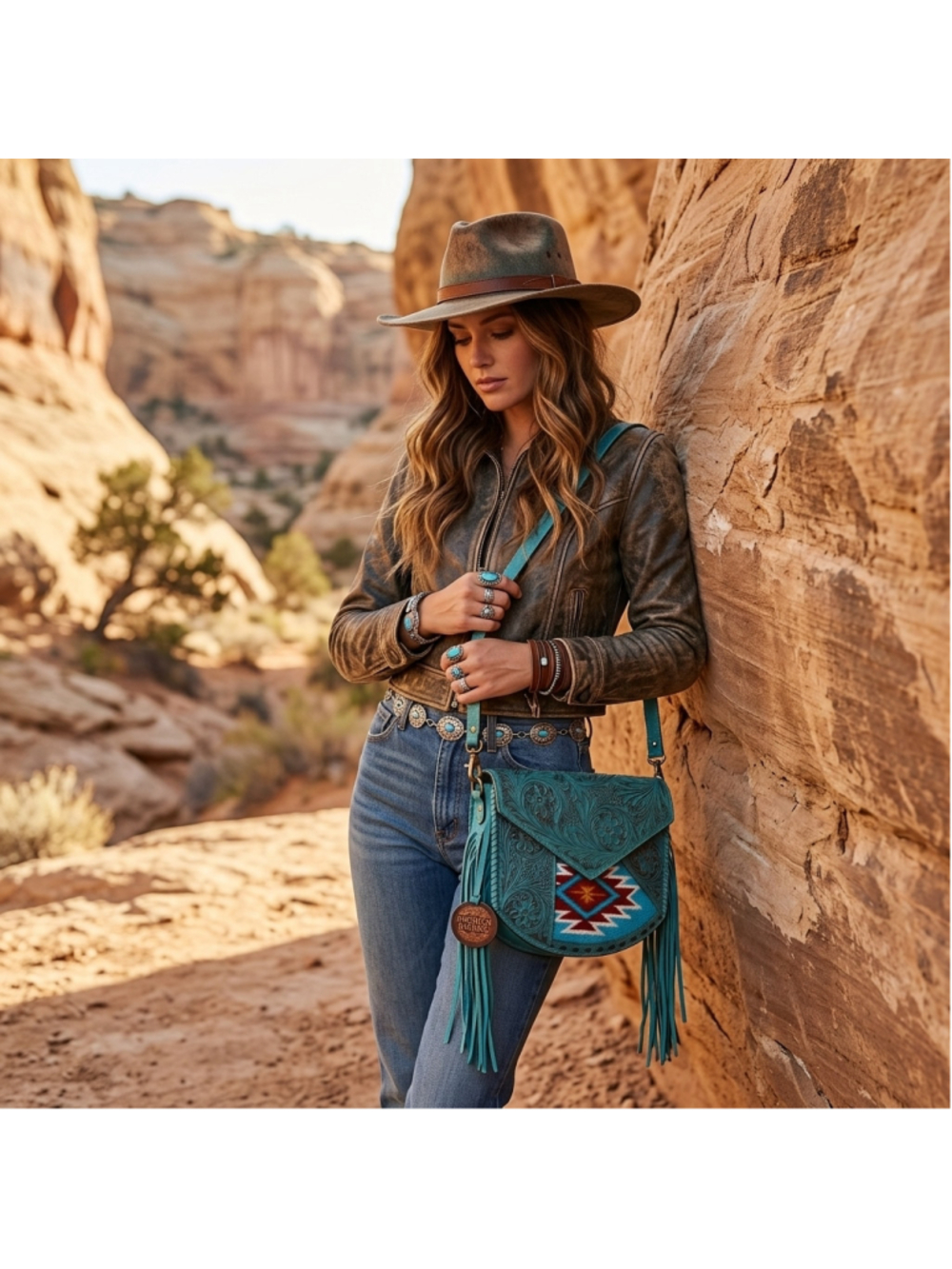 American Darling Canyon Blues Tooled Western Leather Crossbody